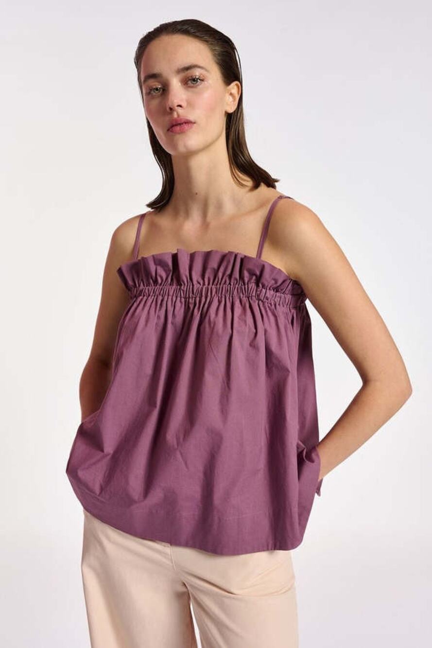 Essentiel Antwerp Bubu Elasticated Ruffle Top Dirty Purple cotton WOMENS 36 US 4